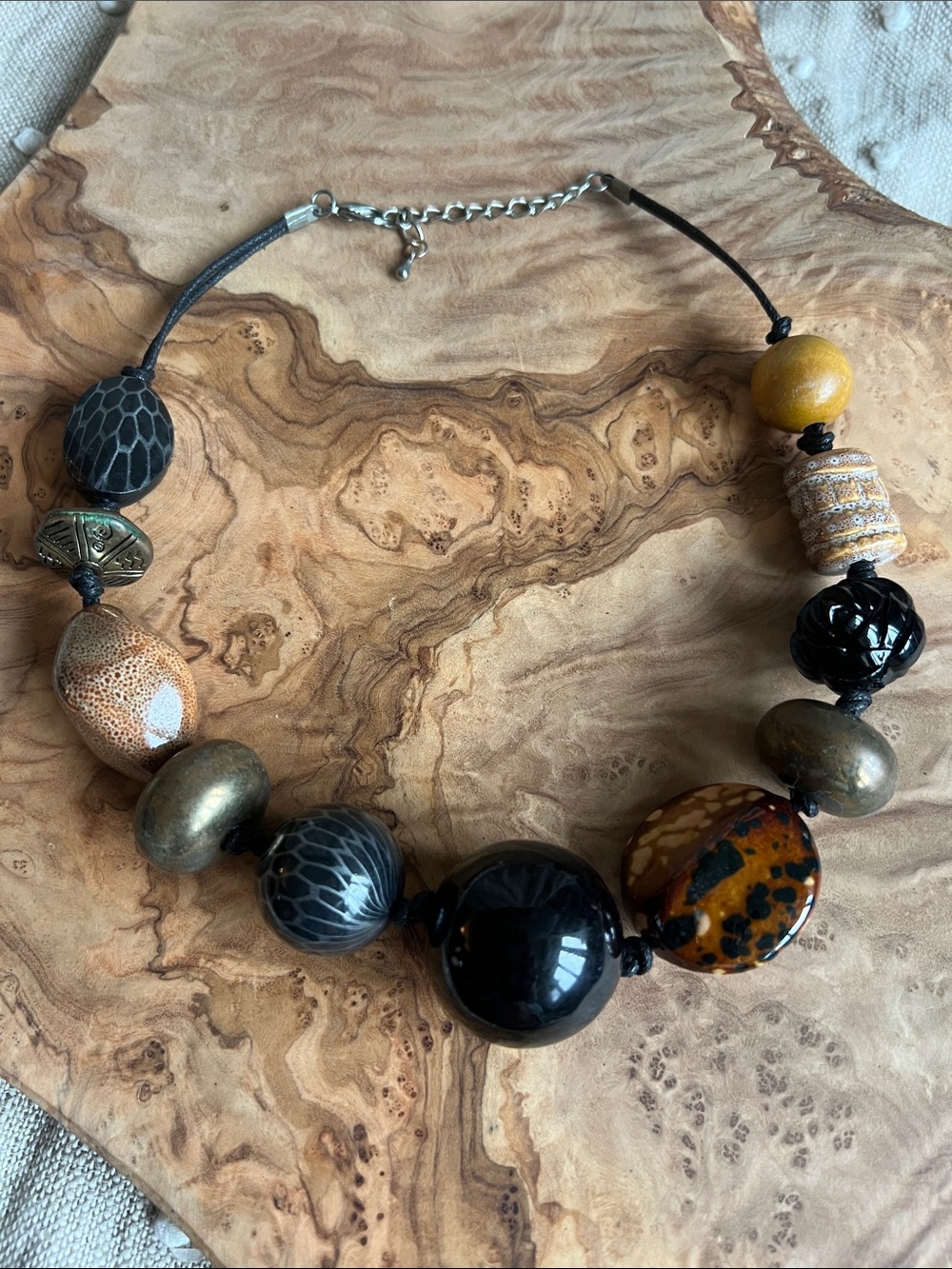 Mixed Bead Statement Necklace - Black, Brown & Gold Accents